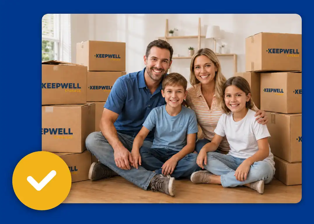 keepwell happy storage family surrounded by boxes in their new home. 